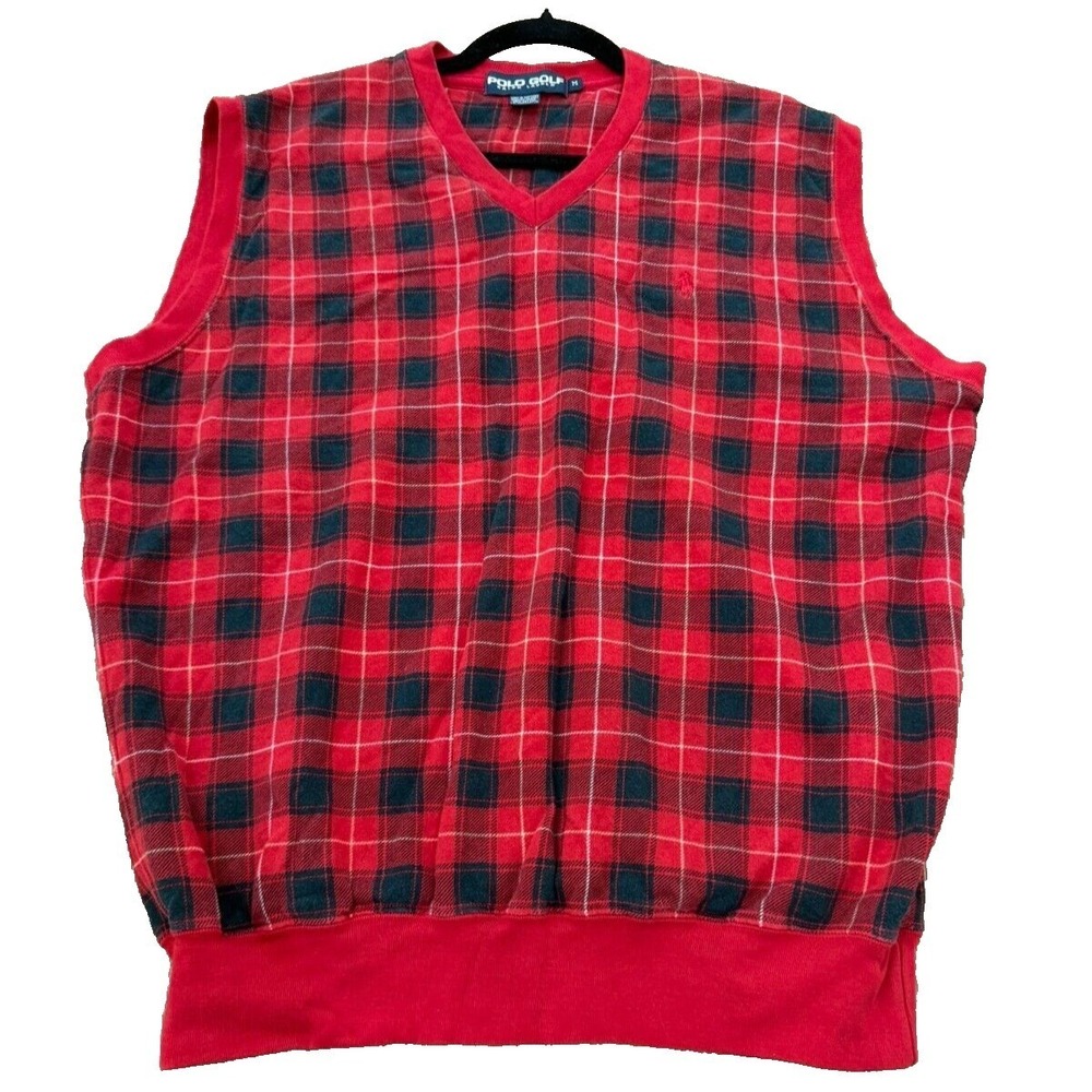 Poloβ Golf Red Tartan Plaid Fleece Lined Vest Men's Medium